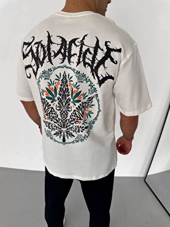 Unisex Bisiklet Yaka Baskılı Oversize Thirt  Beyaz