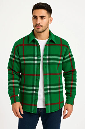 Erkek Ekose Desenli Düğmeli Polar Yakalı Uzun Kollu Gömlek Oversize Rahat Kalıp  Yeşil
