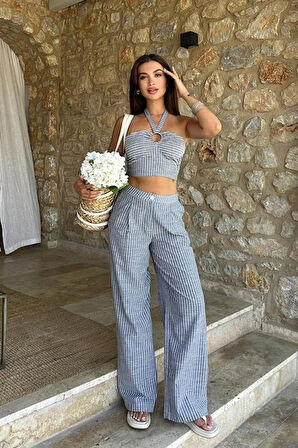 Vesna Keten Çizgili Crop Takım 98060025