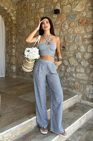 Vesna Keten Çizgili Crop Takım 98060025