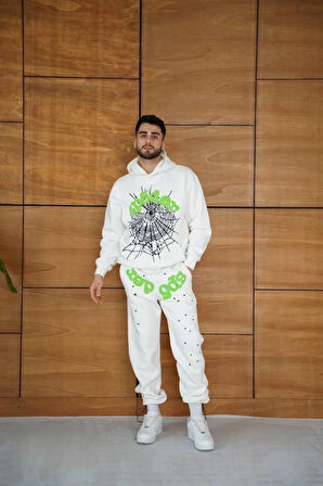 Erkek Kapüşonlu Eşofman Takım Örümcek Ağı Ve Neon Yeşil Baskılı Kanguru Cepli Oversize Rahat Kalıp, Premium Üç İplik Kumaş  Beyaz