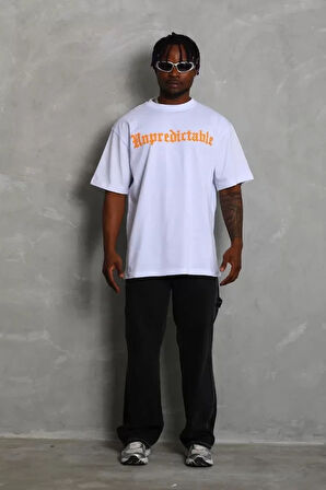 Unisex Oversize Baskılı Bisiklet Yaka Thirt  Beyaz