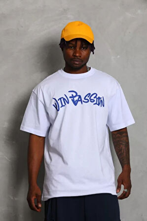 Unisex Oversize Baskılı Bisiklet Yaka Thirt  Beyaz