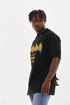 Unisex Kuşgözü Detaylı Baskılı Oversize Thirt  iyah