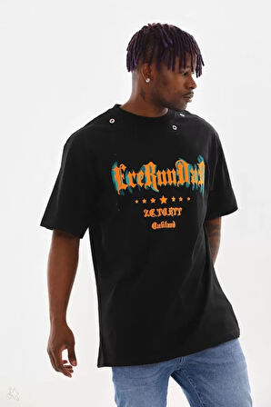 Unisex Kuşgözü Detaylı Baskılı Oversize Thirt  iyah