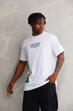 Unisex Bisiklet Yaka Baskılı Oversize Thirt  Beyaz