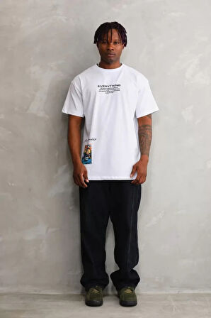 Unisex Bisiklet Yaka Baskılı Oversize Thirt  Beyaz
