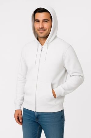Erkek Üç İplik Kapüşonlu Tam Fermuarlı Kanguru Çepli weathirt Hoodie  Beyaz