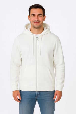 Erkek Üç İplik Kapüşonlu Tam Fermuarlı Kanguru Çepli weathirt Hoodie  Beyaz