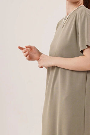 Yırtmaç Detaylı Kısa Kollu alaş axi Yağ Yeşili Elbise