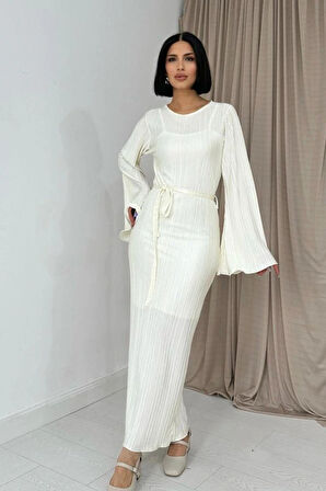 Ekru İspanyol Kol Piliseli Elbise