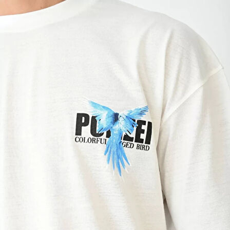 Unisex Bisiklet Yaka Baskılı Oversize Thirt  Beyaz