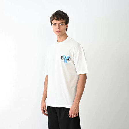 Unisex Bisiklet Yaka Baskılı Oversize Thirt  Beyaz