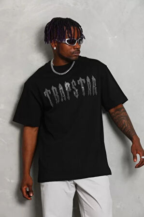 Unisex Oversize Taşlı Bisiklet Yaka Thirt  iyah