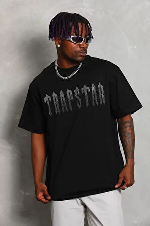 Unisex Oversize Taşlı Bisiklet Yaka Thirt  iyah