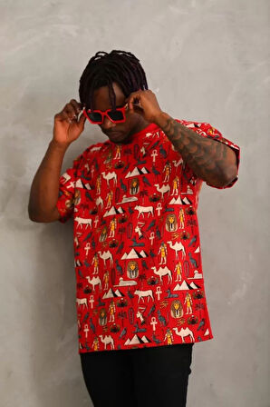 Unisex Oversize Baskılı Bisiklet Yaka Thirt  Kırmızı