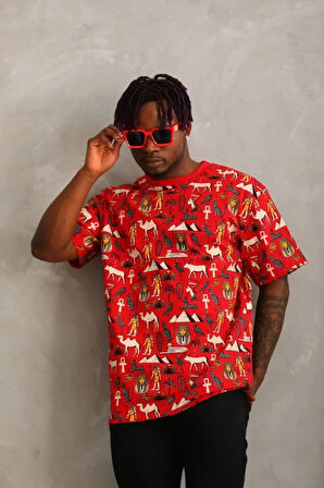 Unisex Oversize Baskılı Bisiklet Yaka Thirt  Kırmızı
