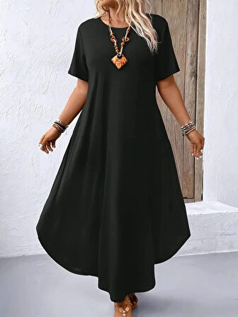 Kadın Kısa Kollu Bisiklet Yaka Cepli Salaş Viskon Elbise