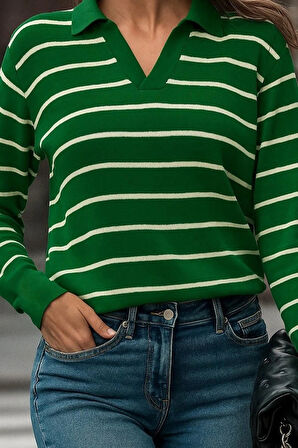 Kadın Uzun Kollu V Yaka çizgili Triko Bluz