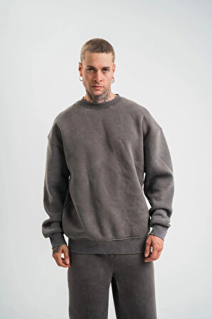 Unisex Uzun Kol Bisiklet Yaka Yıkamalı weathirt  Füme