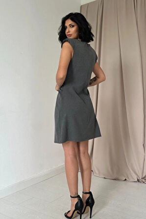 Gri Yanı Büzgülü ıfır Kol Elbise