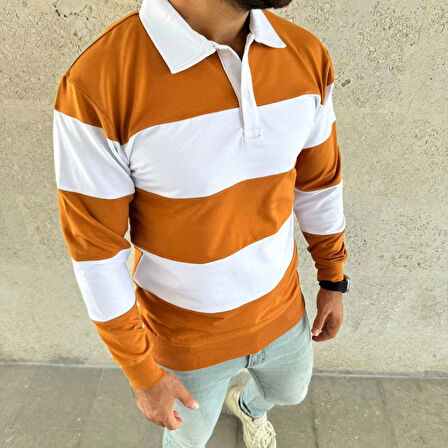 Erkek Polo Yaka Uzun Kollu Çizgili weatshirt Trend Rugby til  Turuncu