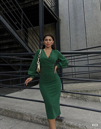 Kadın Kruvaze Yaka Balon Kol imli Krep Kumaş idi Boy Elbise