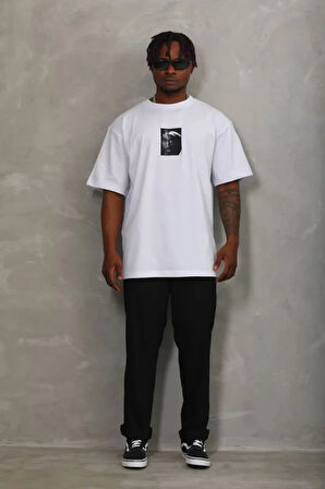 Unisex Oversize Baskılı Bisiklet Yaka Thirt  Beyaz