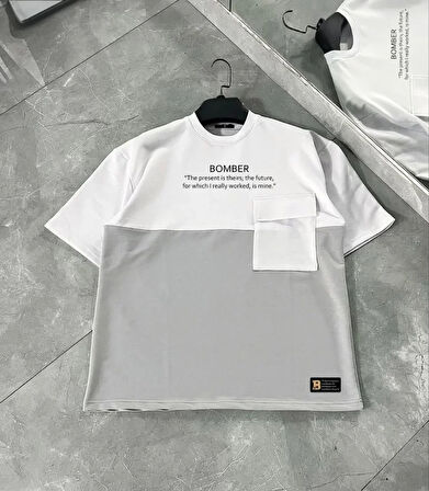 Unisex Torba Cep Detaylı  Parçalı Thirt  Gri