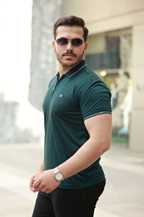 Erkek Yaka Ve Kolları çizgi Detaylı Fermuar Yakalı Kısa Kollu Tişört