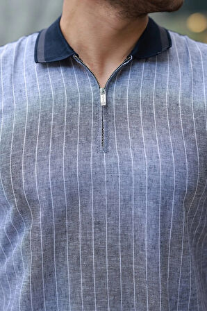 Erkek Fermuar Yakalı çizgili Kısa Kollu Tişört