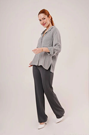 Yarasa Kol Çizgili Cep Detaylı Gri Gömlek