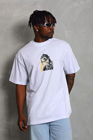 Unisex Oversize Baskılı Bisiklet Yaka Thirt  Beyaz