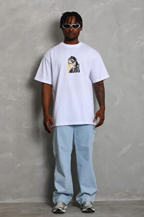 Unisex Oversize Baskılı Bisiklet Yaka Thirt  Beyaz