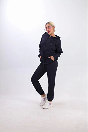 Iki Iplik Kapüşonlu Fermuarlı Crop Oversize Hırka Takım acivert