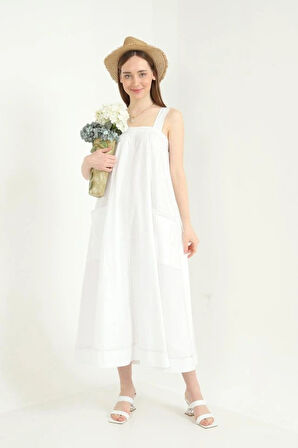 Beyaz Askılı Cepli Elbise