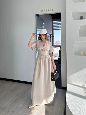 Kısa Kollu Uzun Elbise  Kırık Beyaz