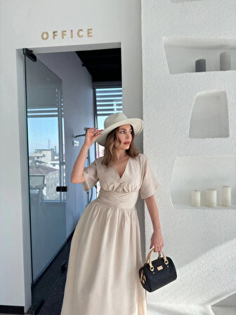 Kısa Kollu Uzun Elbise  Kırık Beyaz