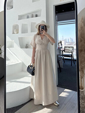 Kısa Kollu Uzun Elbise  Kırık Beyaz