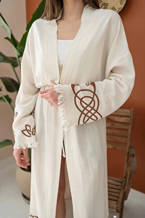 Kahverengi Baskı Detay Keten Hırka