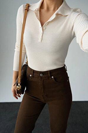 Polo Yaka 6 Düğmeli Kazak  Krem