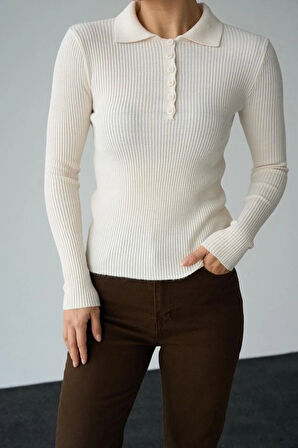 Polo Yaka 6 Düğmeli Kazak  Krem