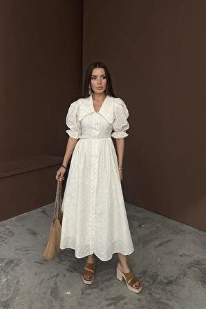 Bej Bebe Yaka Balon Kollu Brode Elbise