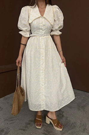 Bej Bebe Yaka Balon Kollu Brode Elbise