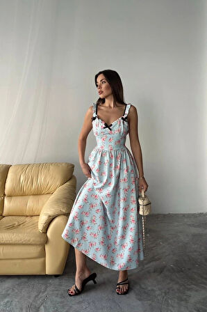 Bebe Mavi Önü Fiyonklu Çiçekli Elbise