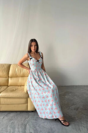 Bebe Mavi Önü Fiyonklu Çiçekli Elbise