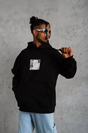 Erkek Ön Arka Baskılı Kapşonlu weat  iyah