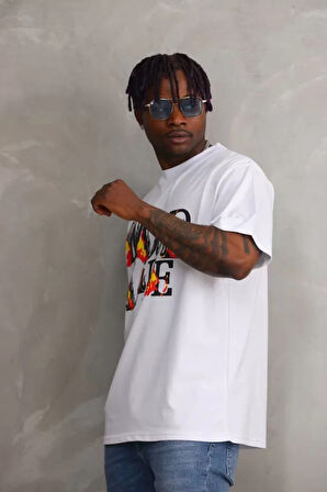 Unisex Baskılı Oversize Thirt  Beyaz