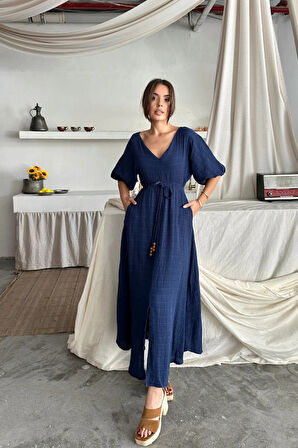 V YAKA BEL BONCUK BAĞLAALI ÜLİN ELBİE YIRTAÇ DETAYLI  Lacivert