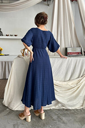 V YAKA BEL BONCUK BAĞLAALI ÜLİN ELBİE YIRTAÇ DETAYLI  Lacivert